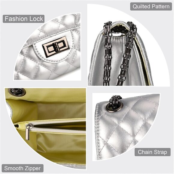 Women Silver PU Quilted Stylish Crossbody Bag with Chain Strap & Flap Closure - Picture 5 of 6